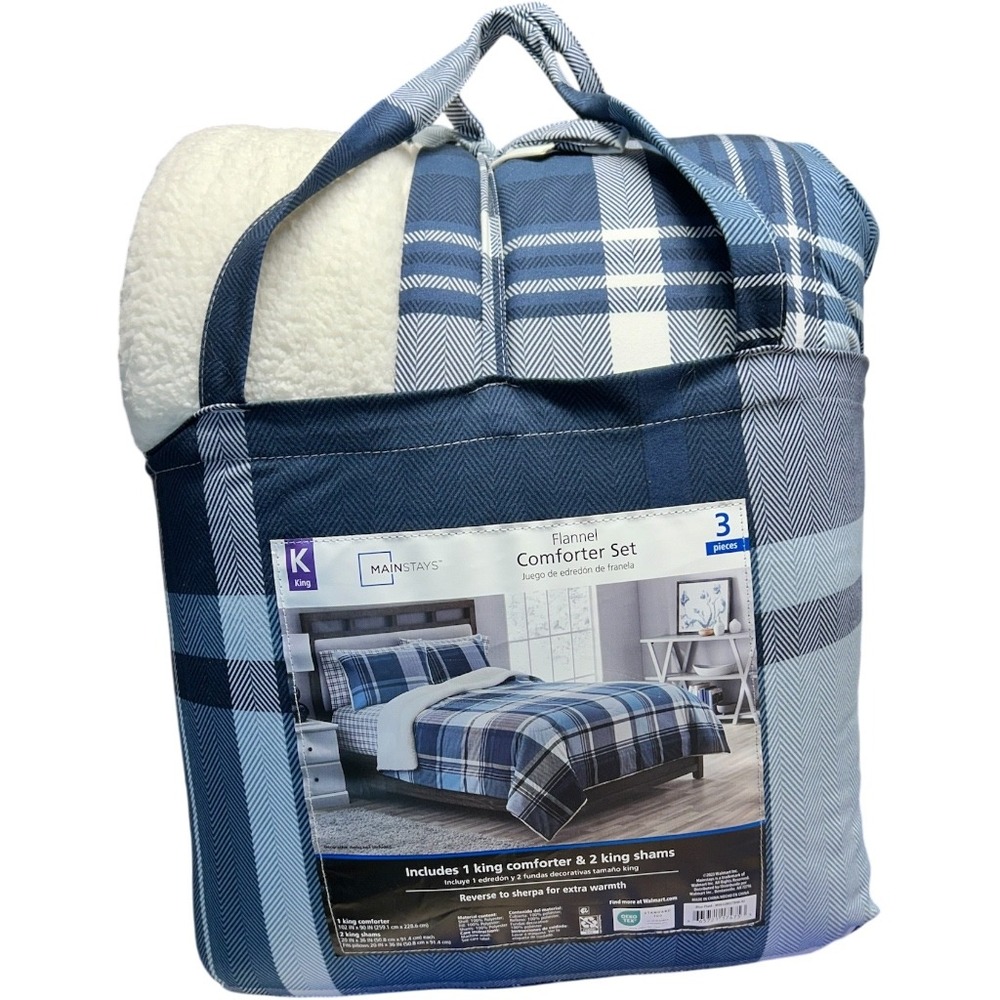Mainstays Flannel Comforter Set King Blue Plaid Sherpa 3 Piece